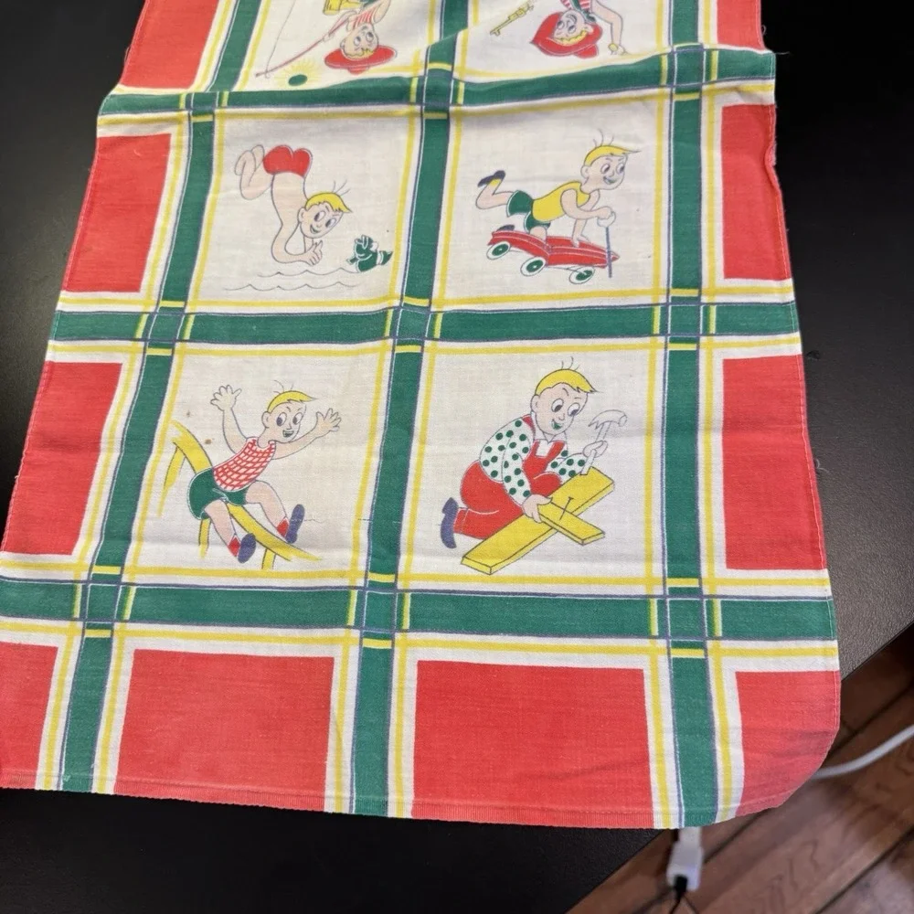 Vintage 1940's Hadson Kitchen Tea Little Boys Fishing And Playing Yellow Kitschy